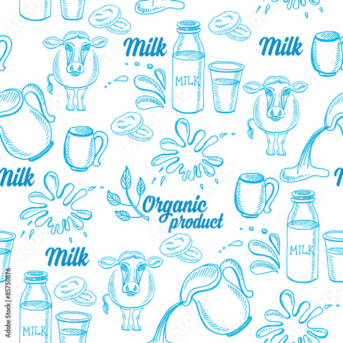 Natural milk with splashes, seamless pattern design.