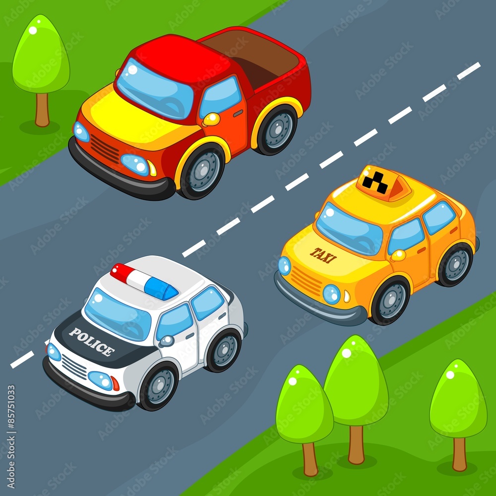 The truck, a taxi and a police car traveling on the road The truck, a taxi and a police car traveling on the road