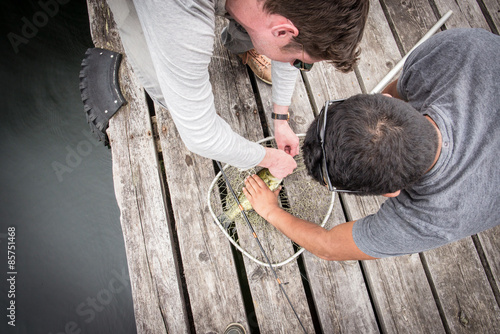 two men with a fish in net on a wood pontoon