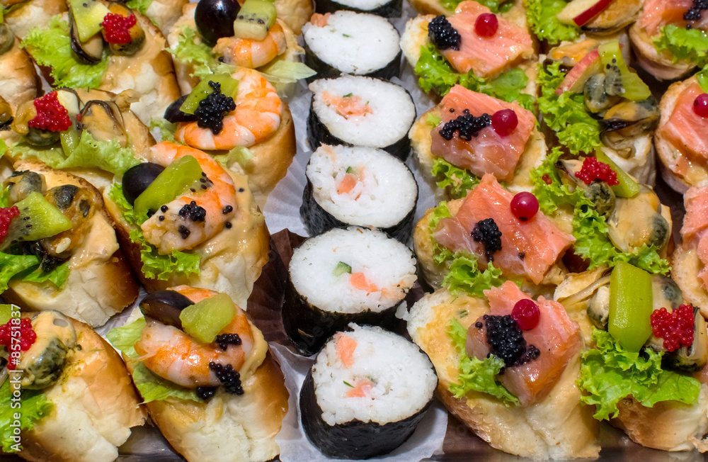 sushi Salmon and caviar rolls served on a plate sushi Salmon and caviar rolls served on a plate