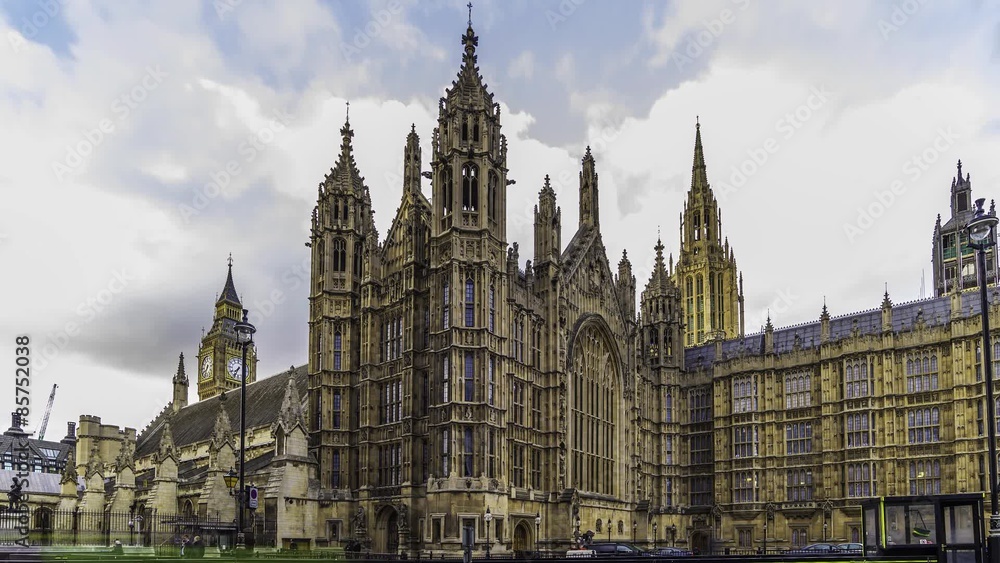 Timelapse view of the north facade of House of Parliament in London, also known as Wesminster Palace, showing the entrance of the British parliament Timelapse view of the north facade of House of Parliament in London, also known as Wesminster Palace, showing the entrance of the British parliament
