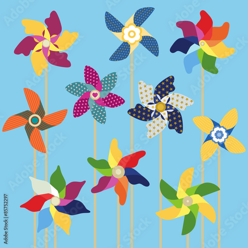 Pinwheels collection on sky blue background