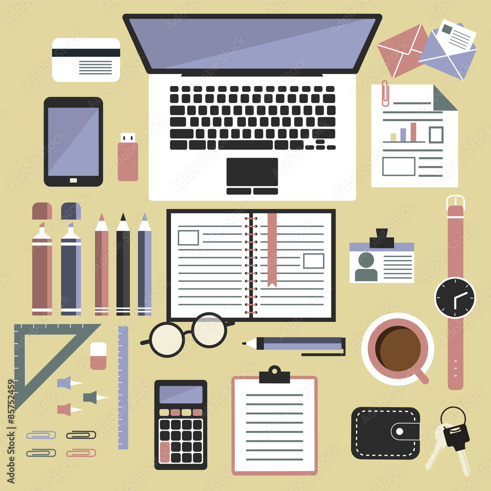Flat design style , office equipment, working tools and other business  elements. Top view of desk background with laptop, digital devices, office  objects, books and documents. vector de Stock | Adobe Stock