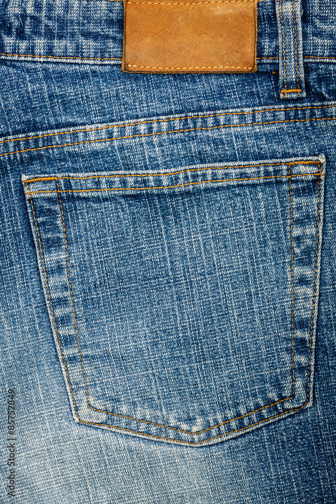 Blue jeans fabric with pocket and label Blue jeans fabric with pocket and label