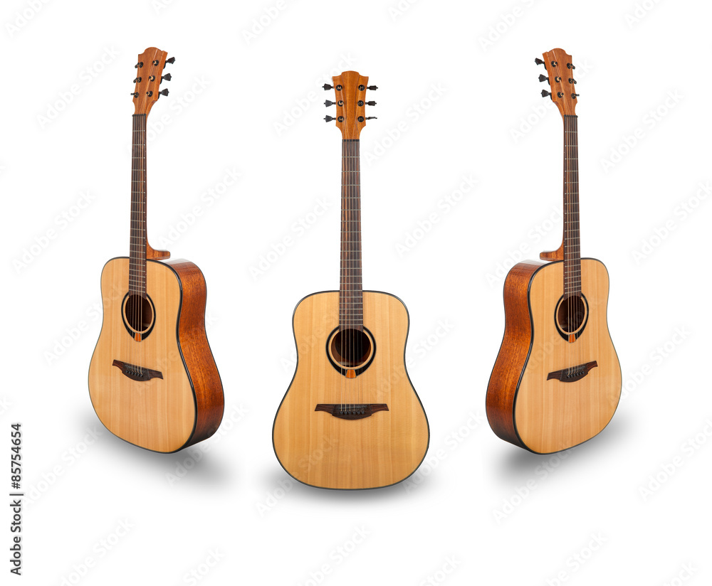 Fototapeta premium Three acoustic guitars on white