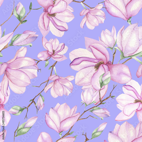 Seamless floral pattern with magnolias painted with watercolors on purple background