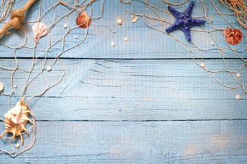 Seashells on blue boards vacation holiday background abstract concept