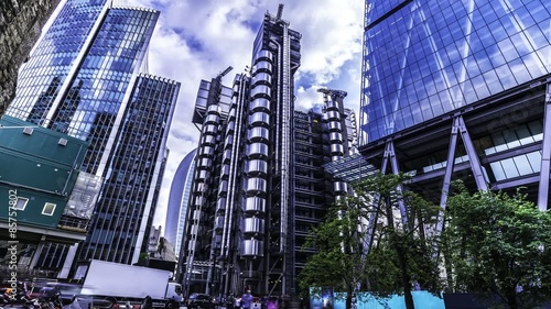 Time lapse view of the exterior of the LLoyd's building in the financial district of the City of London. Designed by Richard Rogers and recognised as one of the key buildings of the modern epoch