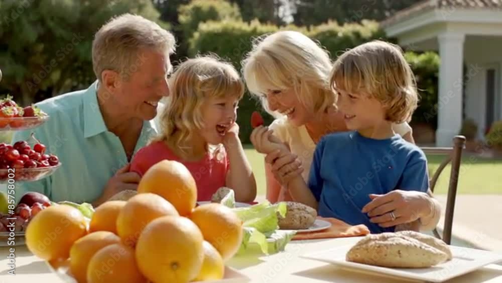 Grandparents and grandchildren playing and sitting at table of food in garden. Grandparents and grandchildren playing and sitting at table of food in garden.