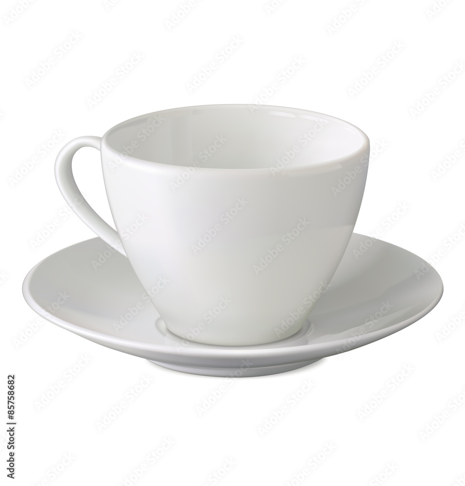 Empty white cup and saucer on white background. Vector illustration Empty white cup and saucer on white background. Vector illustration