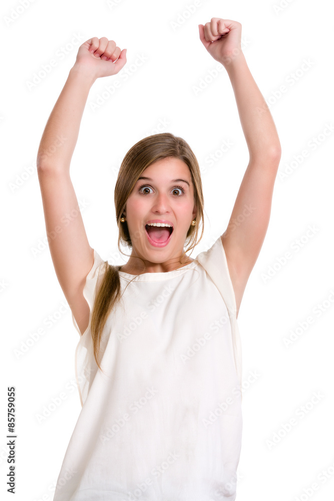 Hispanic cute young woman with success expression. Image isolated on white background. Hispanic cute young woman with success expression. Image isolated on white background.