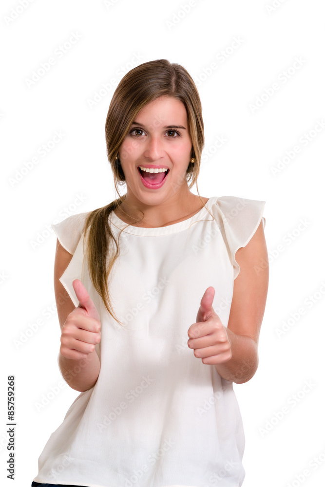 Hispanic cute young woman with success expression. Image isolated on white background. Hispanic cute young woman with success expression. Image isolated on white background.