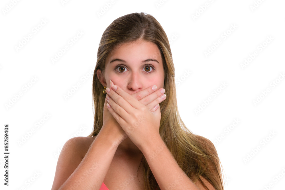 Silence, no talking. Hispanic young woman expressions.