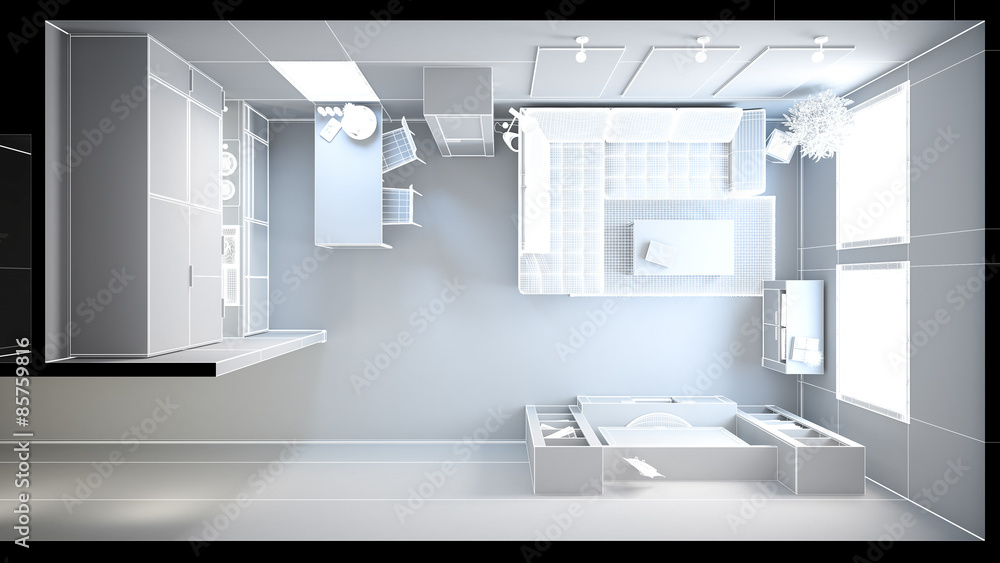 3D interior rendering of a small loft without textures 3D interior rendering of a small loft without textures
