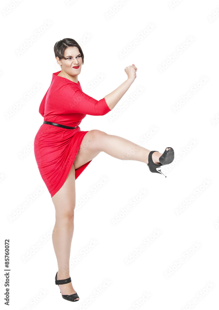 Beautiful plus size woman fighting off something isolated Beautiful plus size woman fighting off something isolated