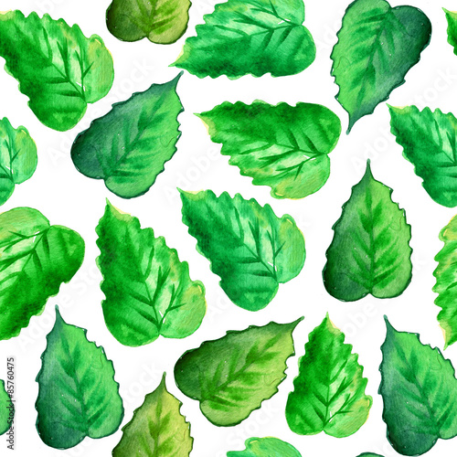 Seamless watercolor green leaves pattern with white background