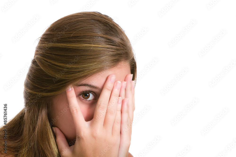 Peeking. Hispanic young woman expressions Peeking. Hispanic young woman expressions