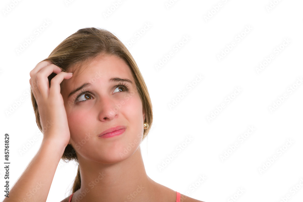 Confused or concern Hispanic Young woman scratching head. Image isolated on white background. Confused or concern Hispanic Young woman scratching head. Image isolated on white background.