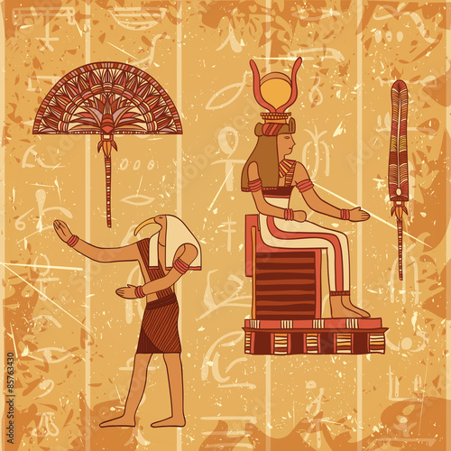 Vintage poster set with egyptian god, pharaoh, feather and fan on the grunge background with silhouettes of the ancient egyptian hieroglyphs. Retro hand drawn vector illustration