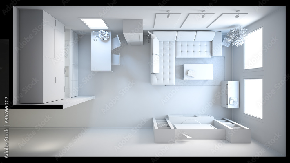 3D interior rendering of a small loft without textures 3D interior rendering of a small loft without textures