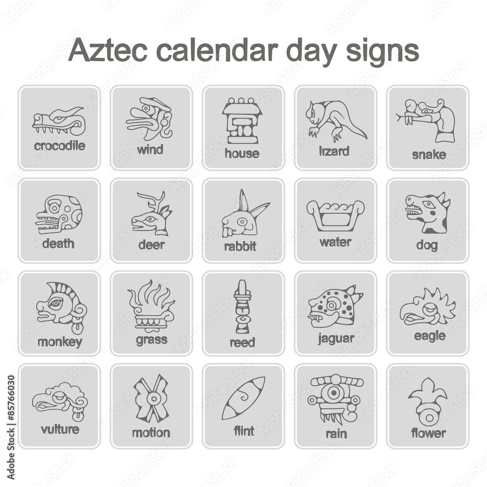 set of monochrome icons with Aztec calendar Day signs 