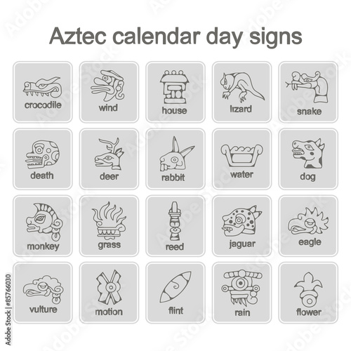 set of monochrome icons with Aztec calendar Day signs 