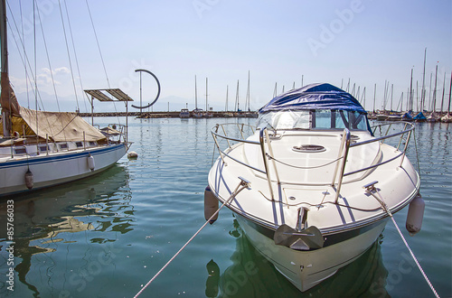 Marina in Geneva lake bay harbor in Lausanne, Switzerland