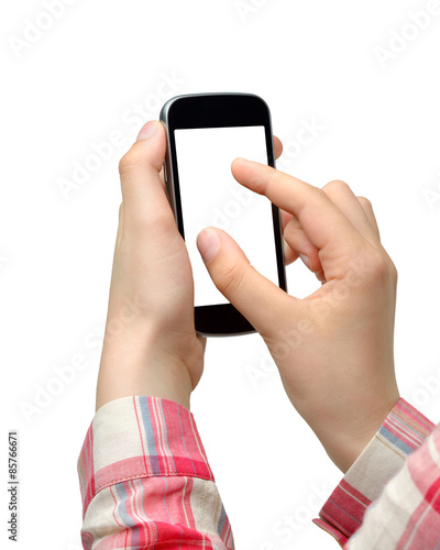 College girl taking photo with smartphone isolated on white background  photo