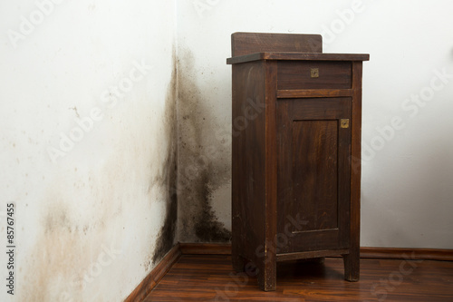 Black mould buildup in the corner of an old house
