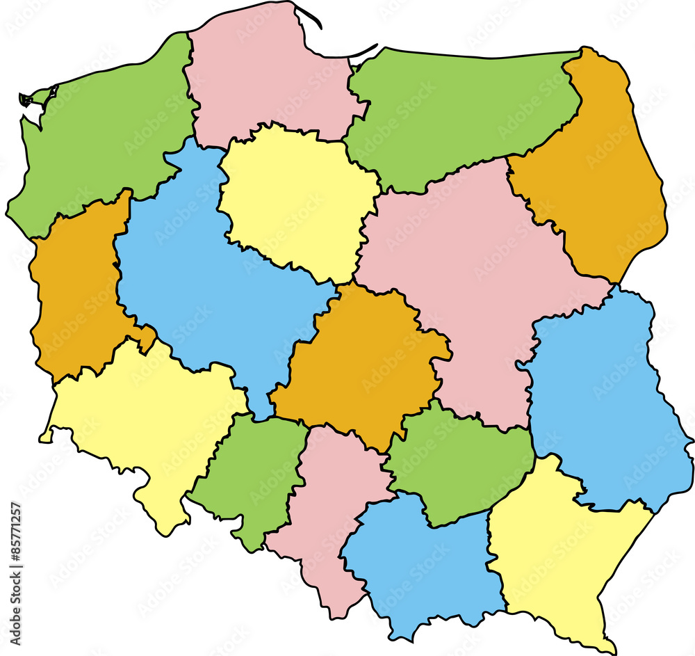 Fototapeta premium Mapa Polski Województwa Kolorowa