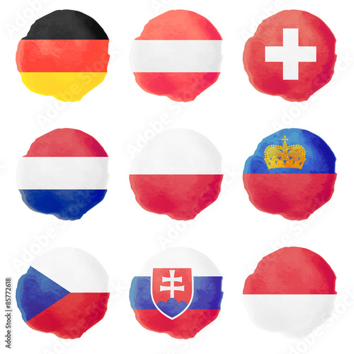 Watercolor Flags, Part II. Nine european flags.
