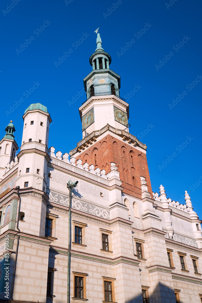 The tower of the Renaissance town hall in Poznan, Poland .