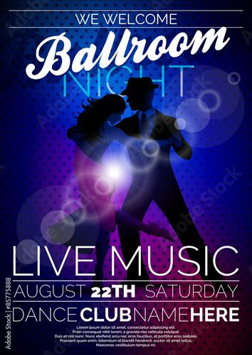 Vector Ballroom Night Party Flyer design with couple dancing tango on dark background
