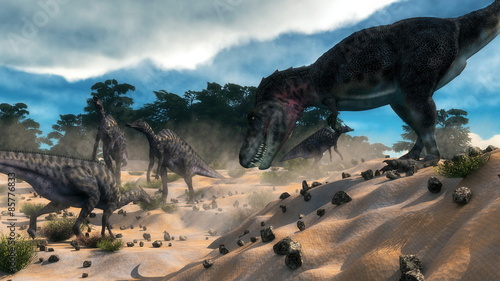 Saurolophus hunting tarbosaurus dinosaur - 3D render photo