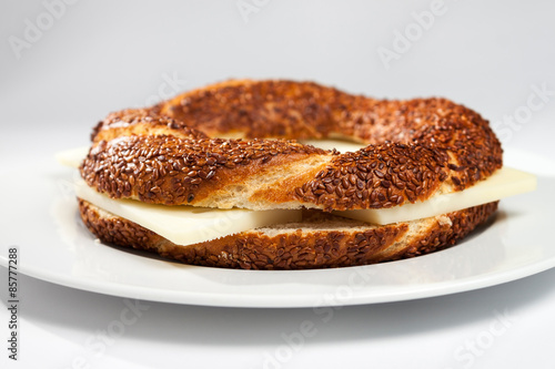Simit (Turkish bagel) on white plate