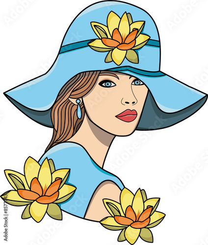 vector illustration of a beautiful girl with a large blu hat and flowers