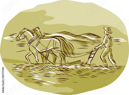 Farmer and Horses Plowing Field Oval Etching