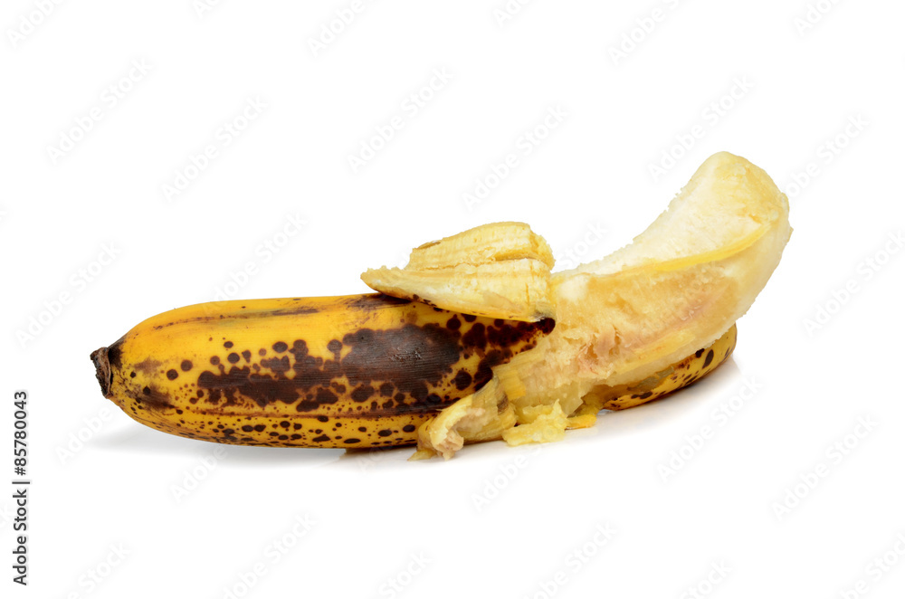spoiled rotten peeled banana isolated on white background