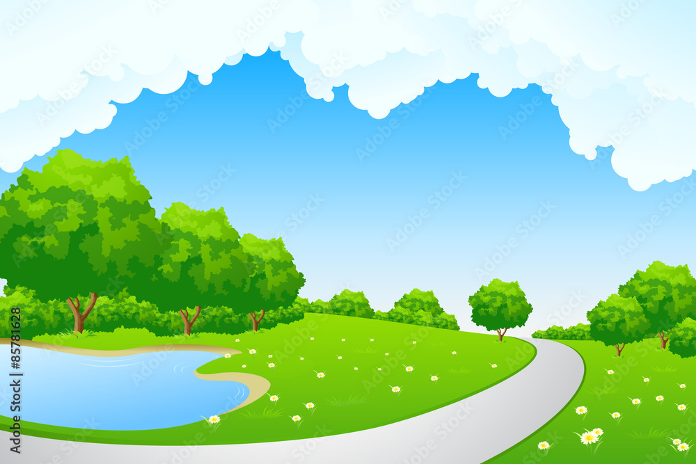 Fototapeta premium Landscape - green hill with tree lake and cloudscape