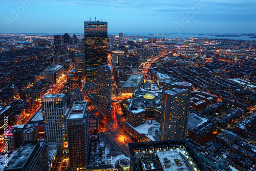 Stampa su tela An aerial night view of Boston city center, Massachusetts