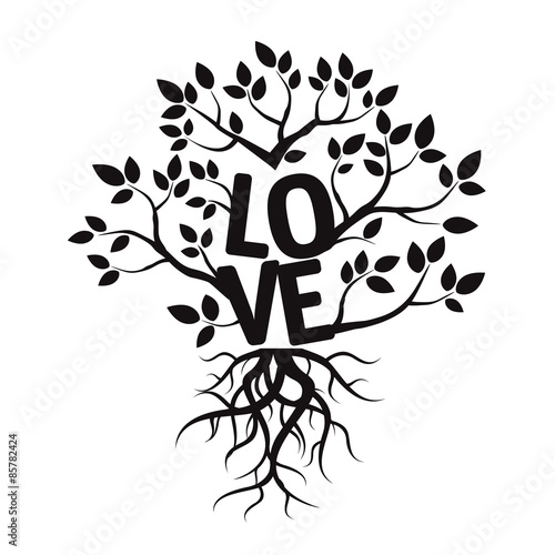 Black vector tree, leafs, roots, and text LOVE
