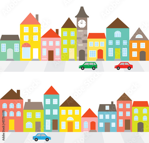 Vector illustration of a town scene with row of houses along the street and cars.