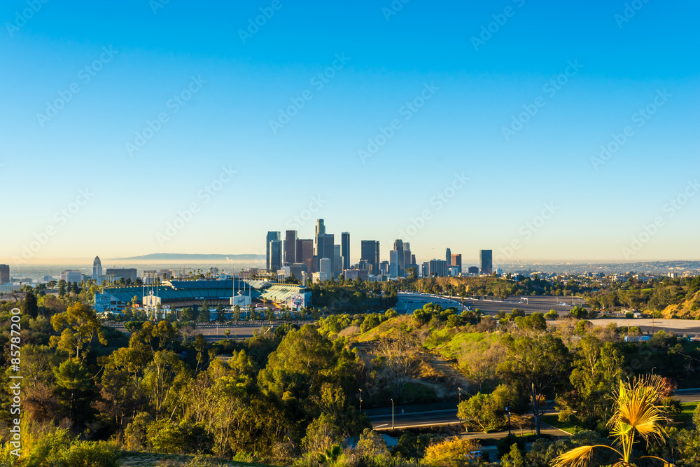 View of Downtown Los Angeles from Elysian Park with the stadium in the foreground