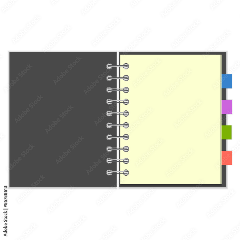 Blank grey spiral notebook with colorful bookmarks Blank grey spiral notebook with colorful bookmarks