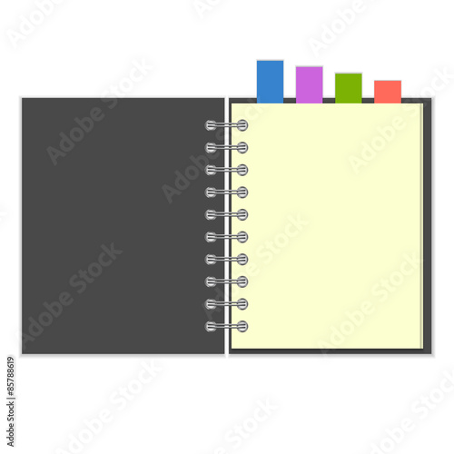 Blank grey notebook with colorful bookmarks