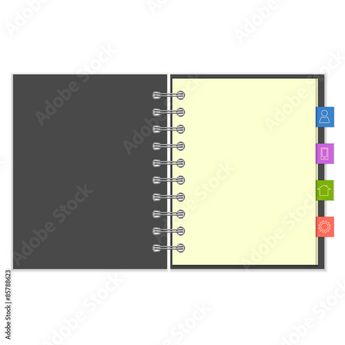 Blank notebook with colorful information bookmarks