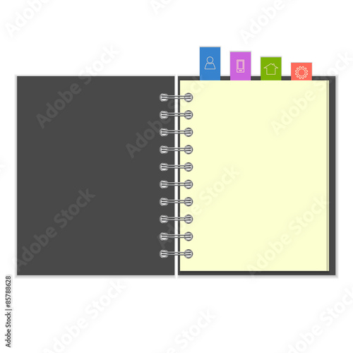 Blank notebook with colorful information bookmarks