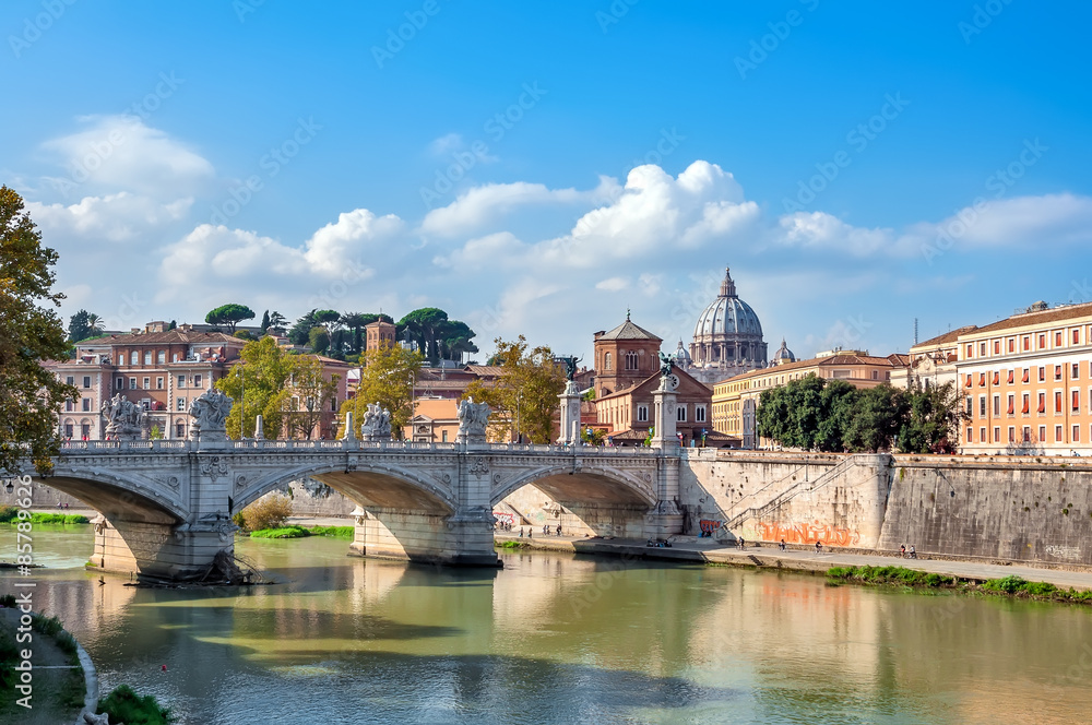 Rome, View of the Tiber and St. Peter's Basilica with the Bridge