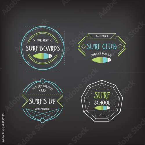 Surf vintage elements. Retro logo board. Hawaii beach wave banner.