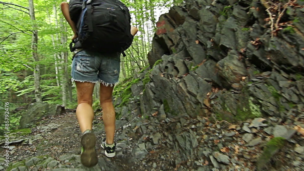 Young woman hiking with rucksack on the mountain trail footpath. Girl tracking in the mountain, green forest and rocks background. Young woman hiking with rucksack on the mountain trail footpath. Girl tracking in the mountain, green forest and rocks background.